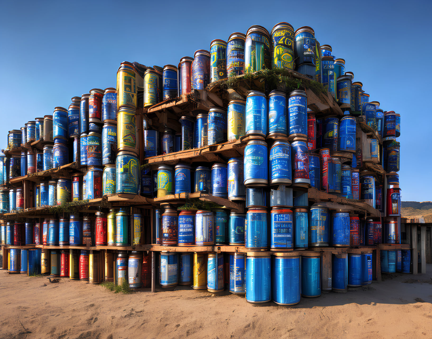 Colorful oil drums stacked in pyramid shape on sandy ground