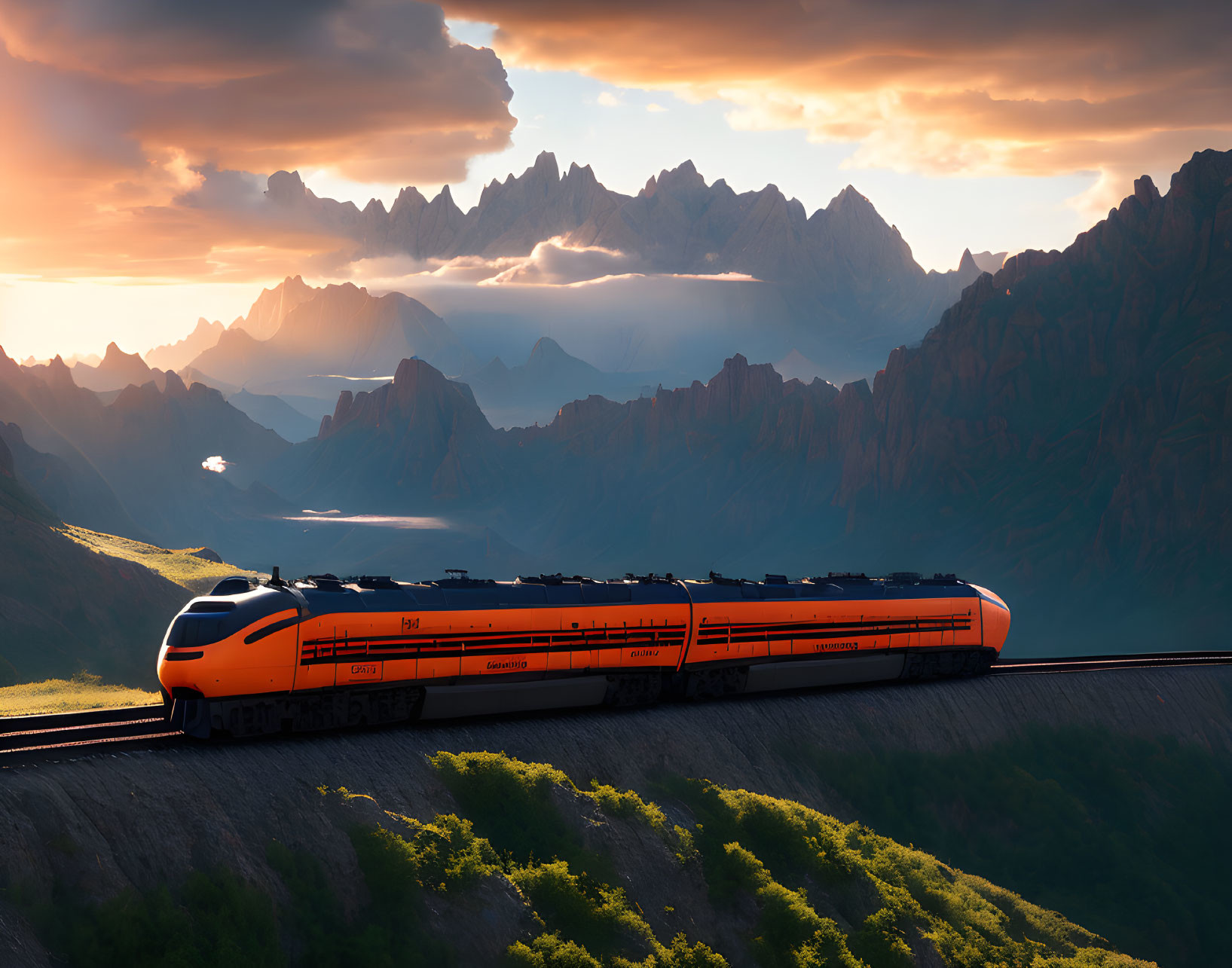 High-speed orange train in mountainous landscape at sunset