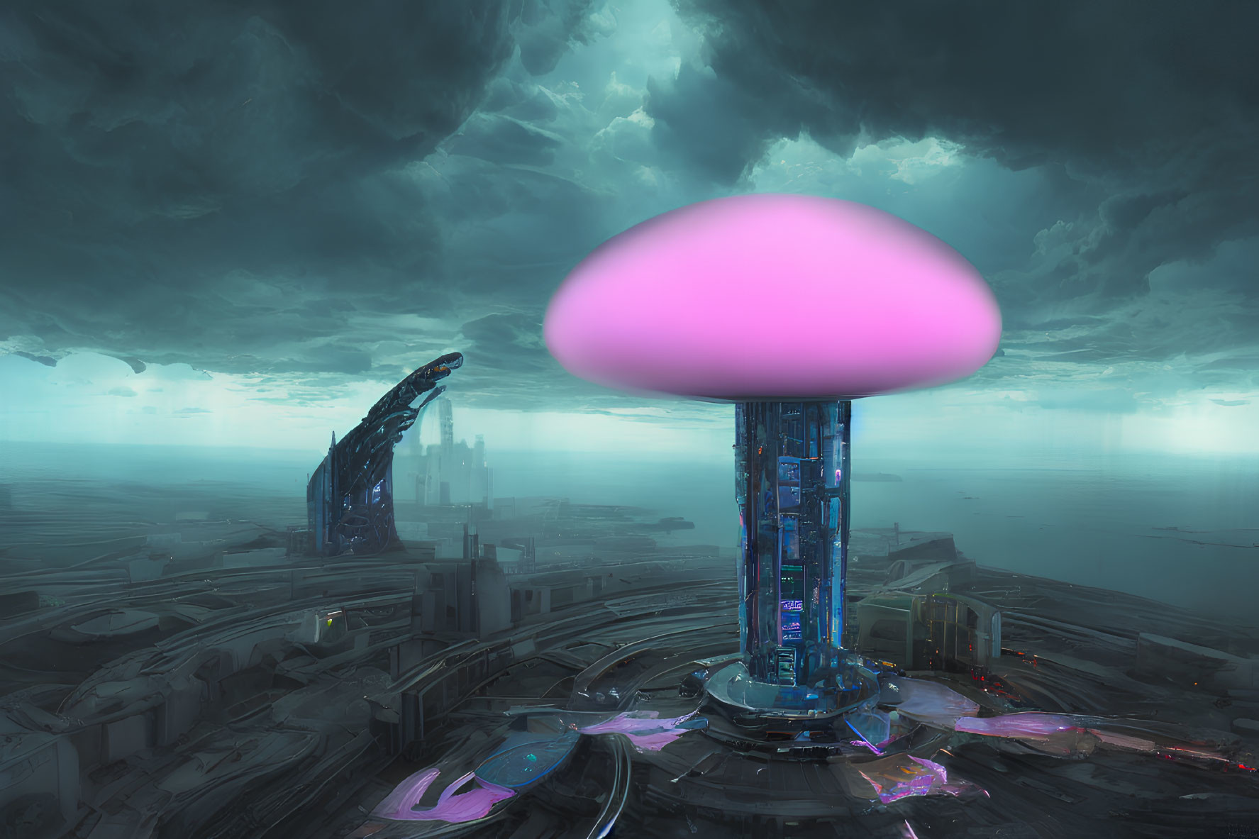 Futuristic cityscape with glowing mushroom structure and neon-lit skyscrapers