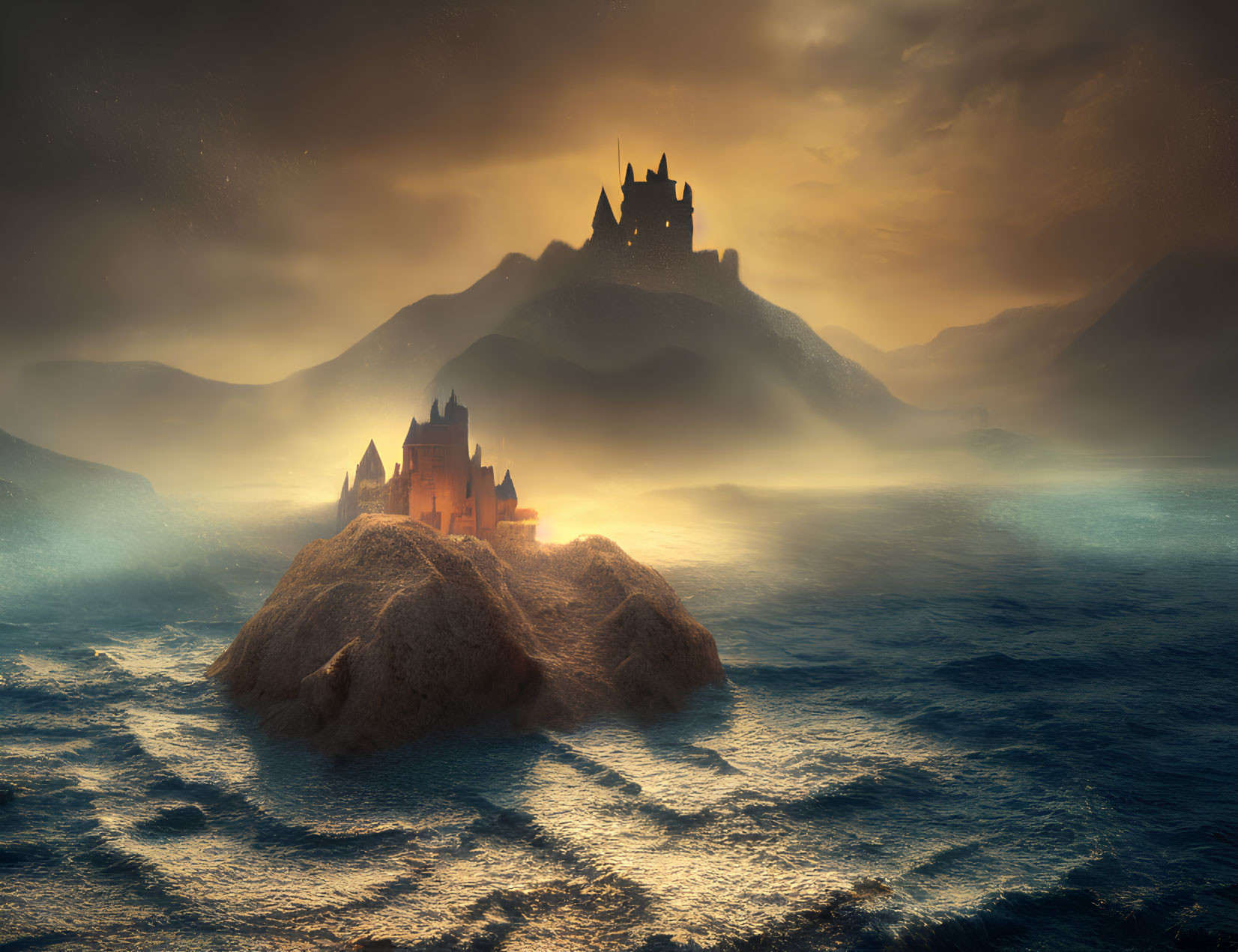 Castle on rocky island under dramatic sky with mystical light