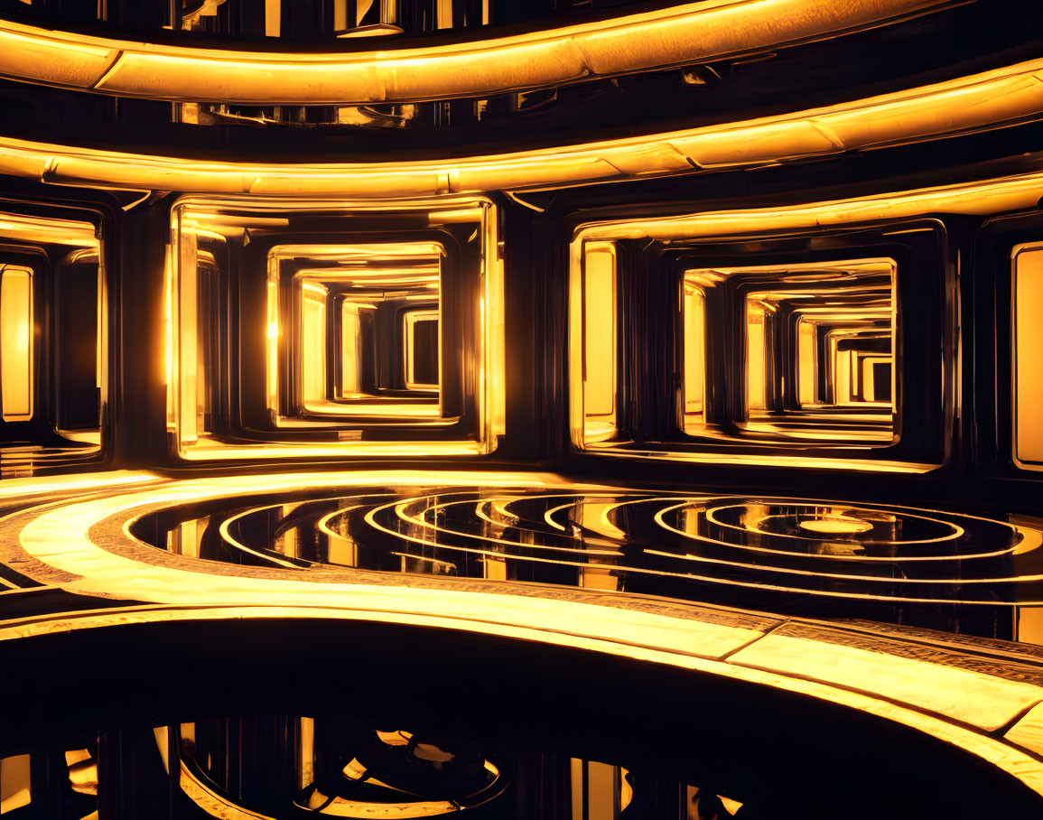 Futuristic corridor with glowing golden lights and geometric shapes.