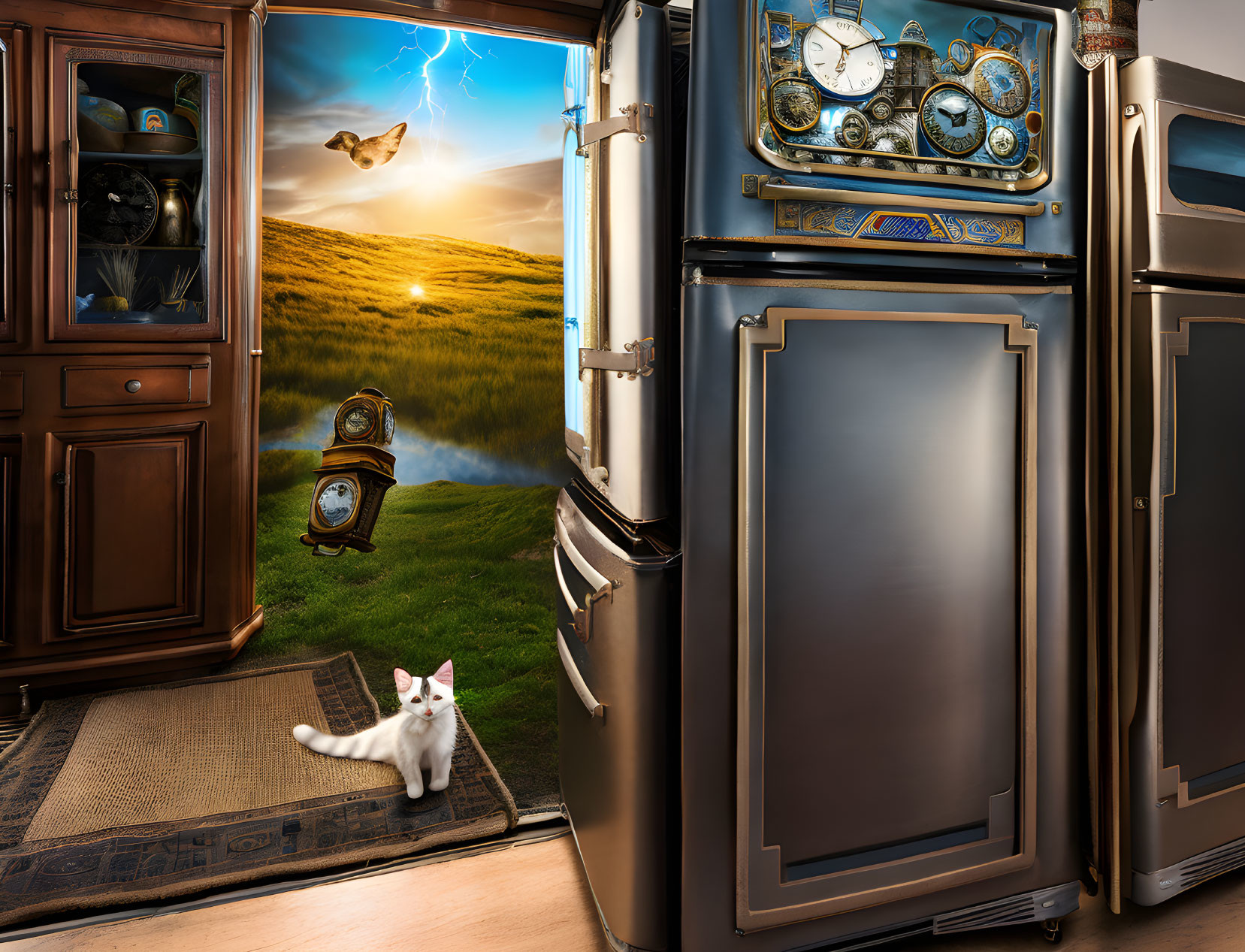 White Cat Curiously Observes Open Refrigerator Door in Surreal Scene
