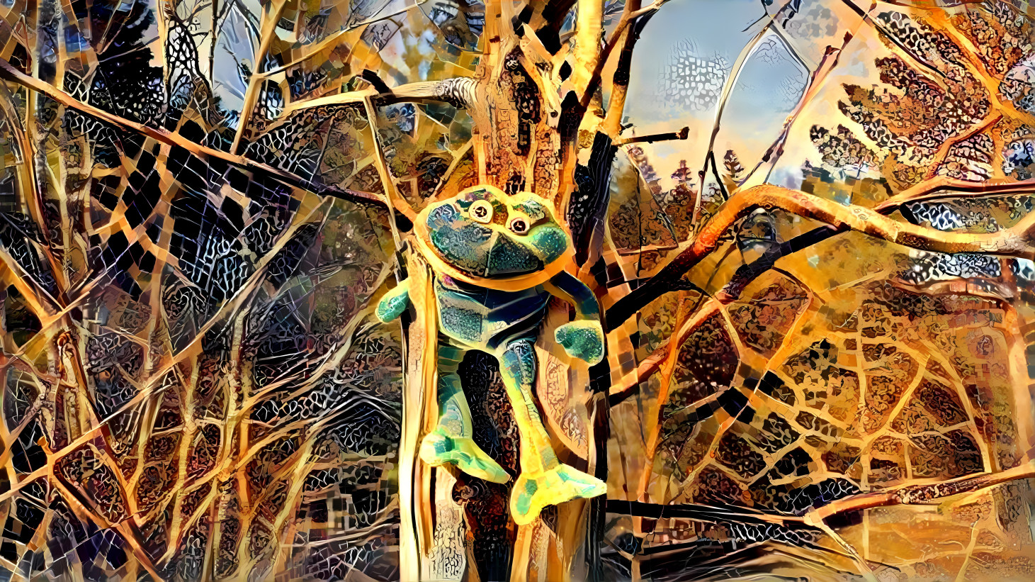 Frog climbing on dead tree