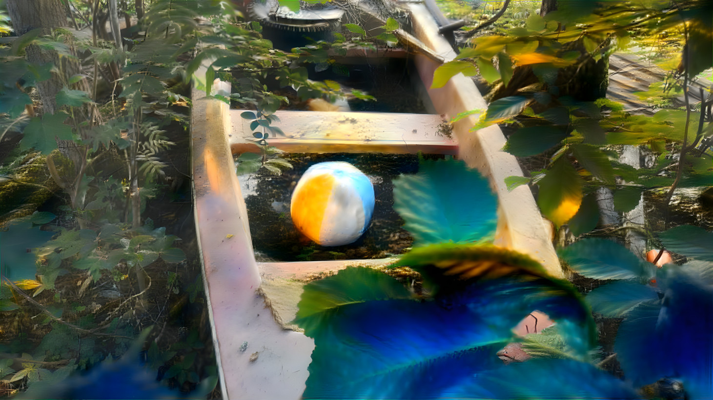 Beach ball in a abandoned boat