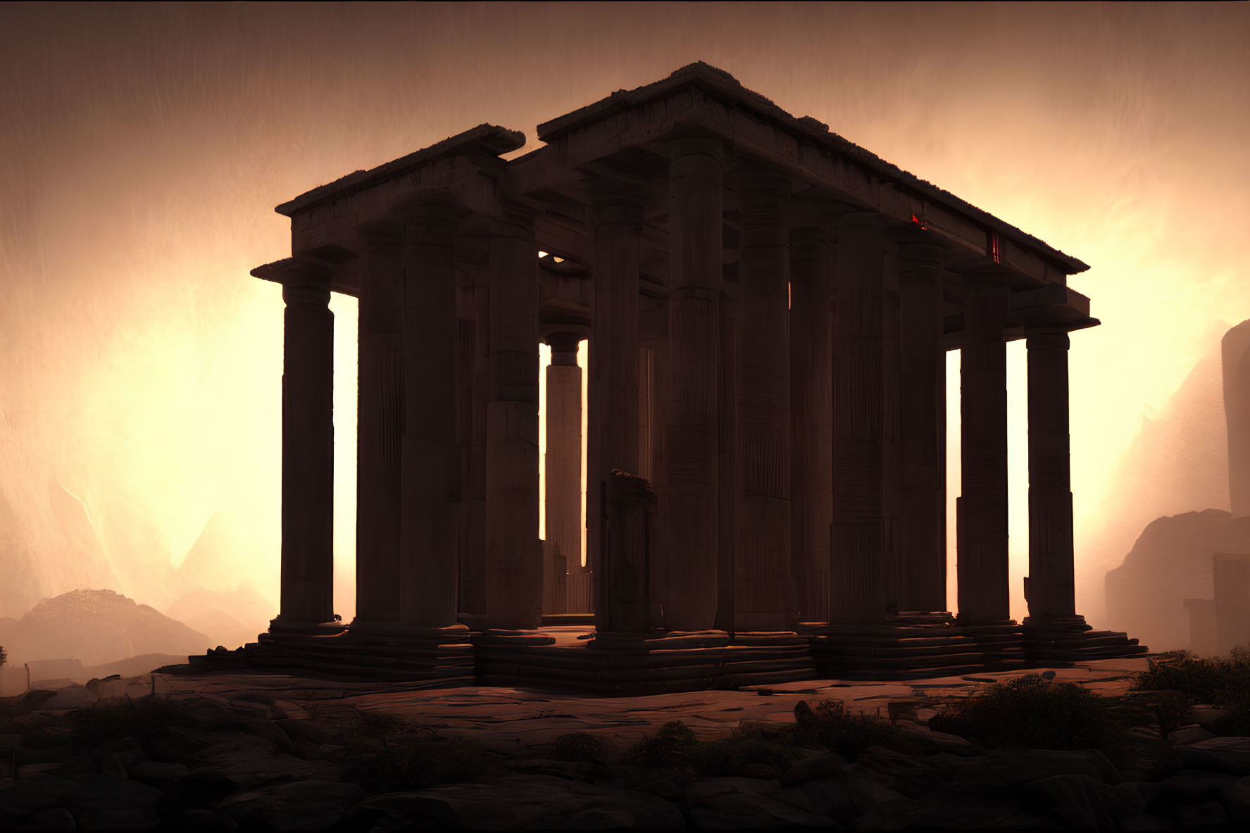 Ancient Greco-Roman temple at sunset with dramatic shadows on rocky terrain