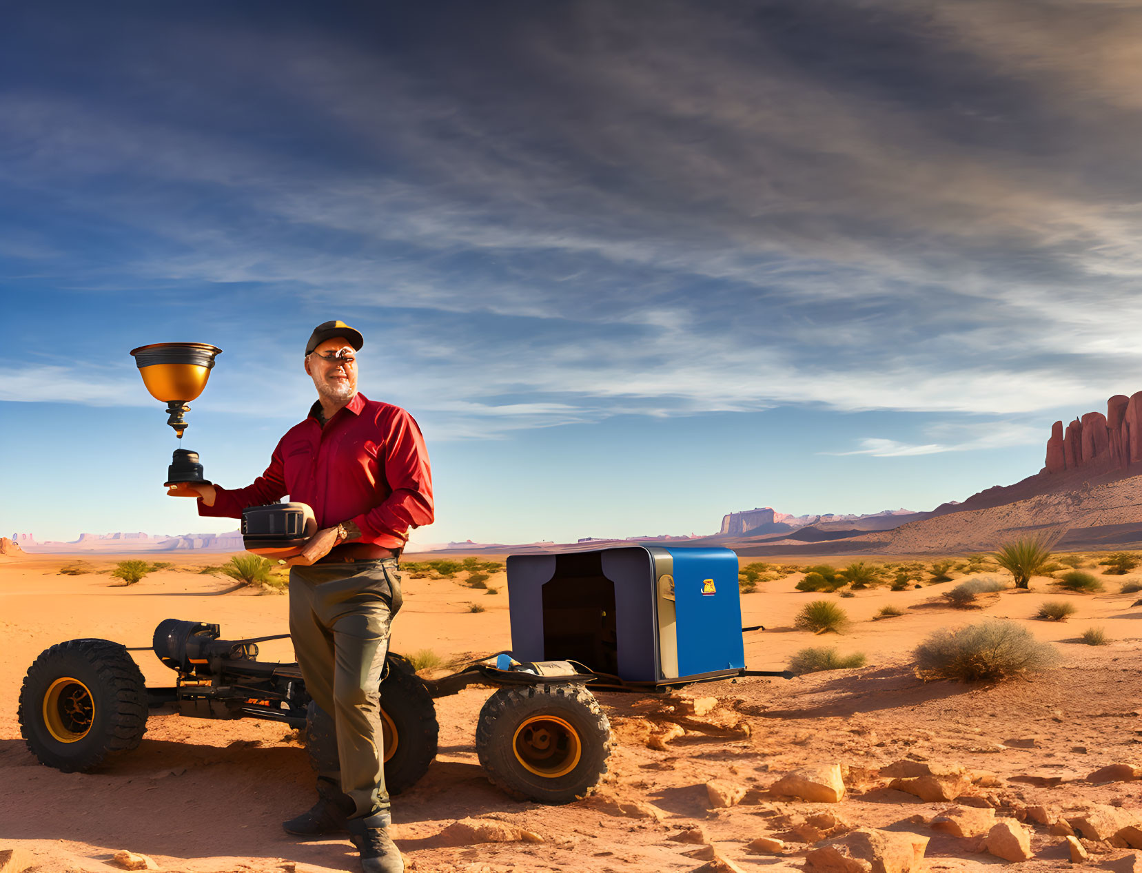 Man smiling in desert with trophy and blue cooler on off-road cart