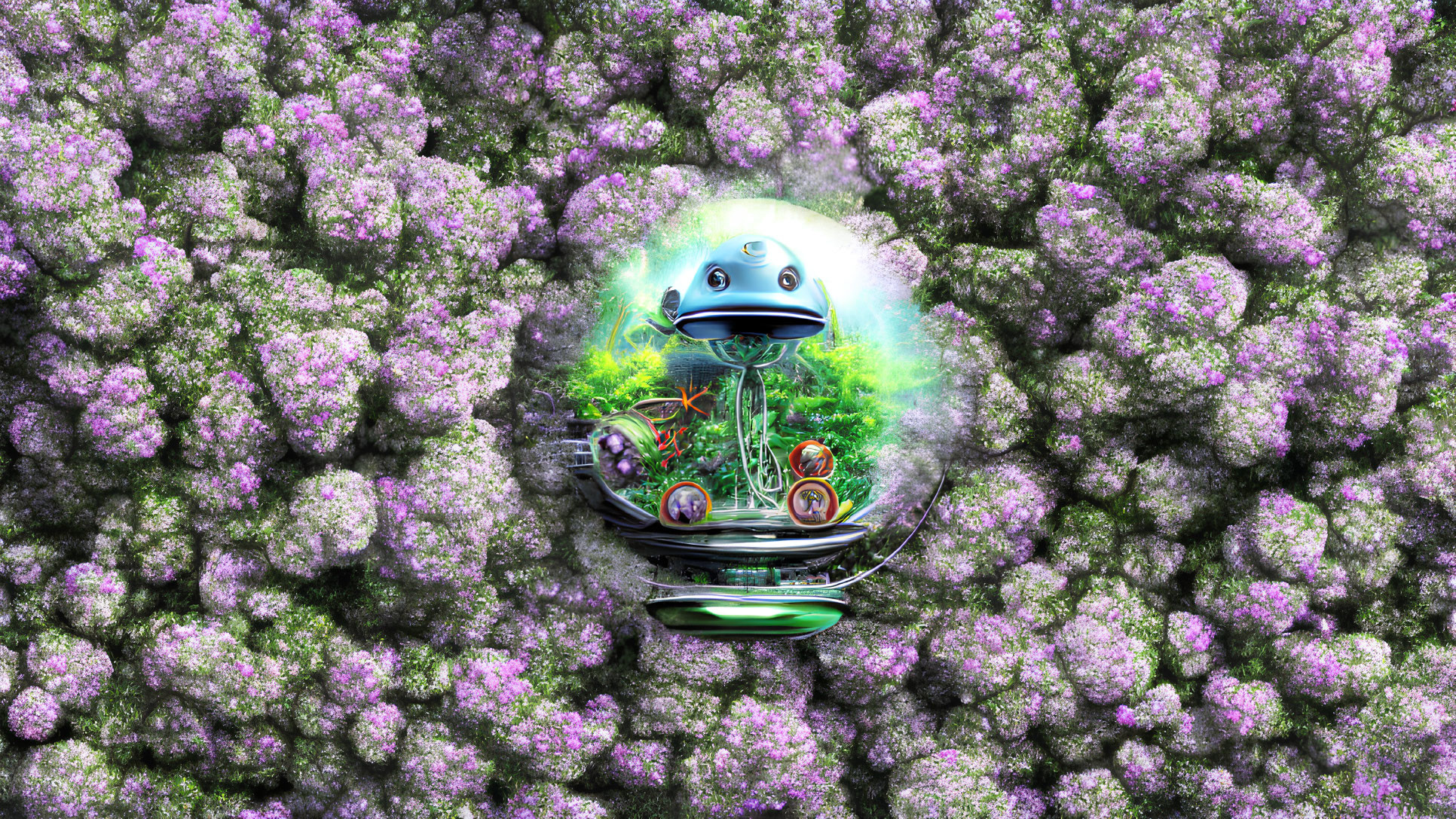 Illustration: Robot watering plants in glass dome among purple flowers