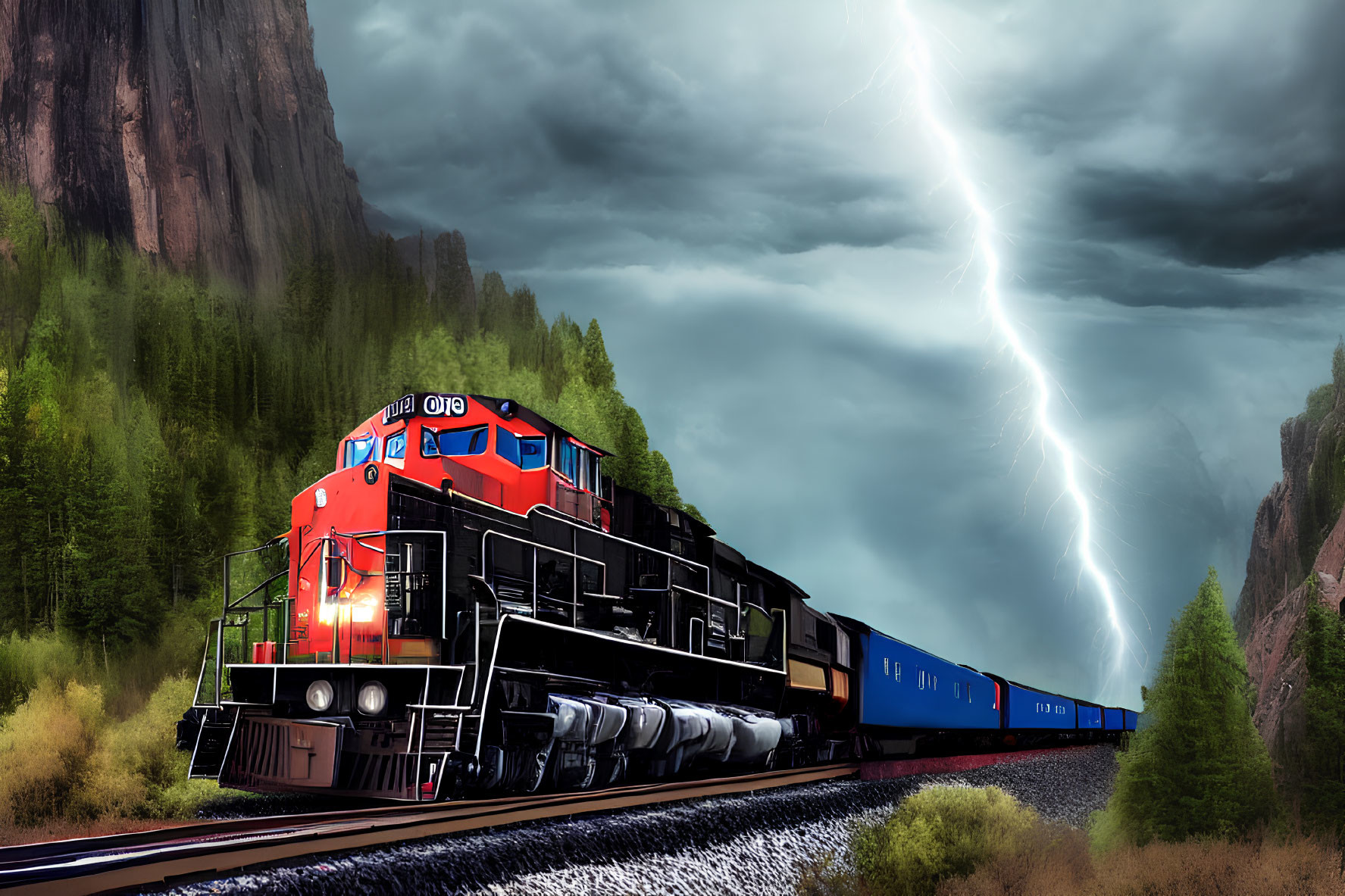 Vibrant red and black cargo train struck by lightning in forest setting