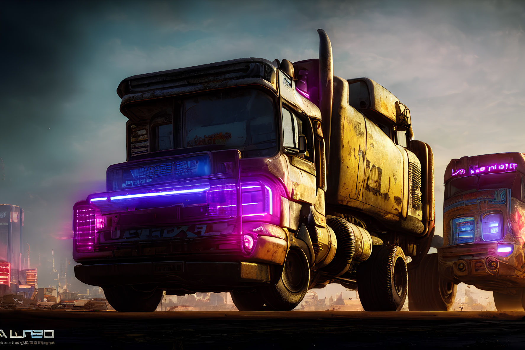 Futuristic trucks with neon lights in dystopian cityscape at twilight