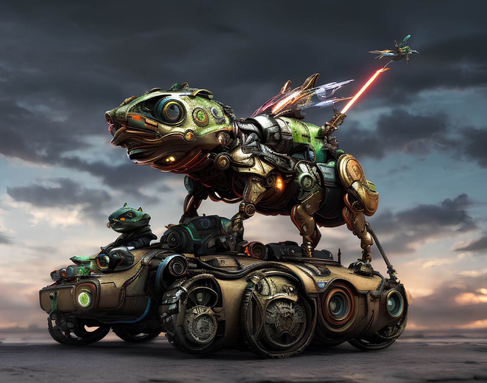 Mechanical frogs in futuristic battle gear on tracked vehicle under dramatic sky