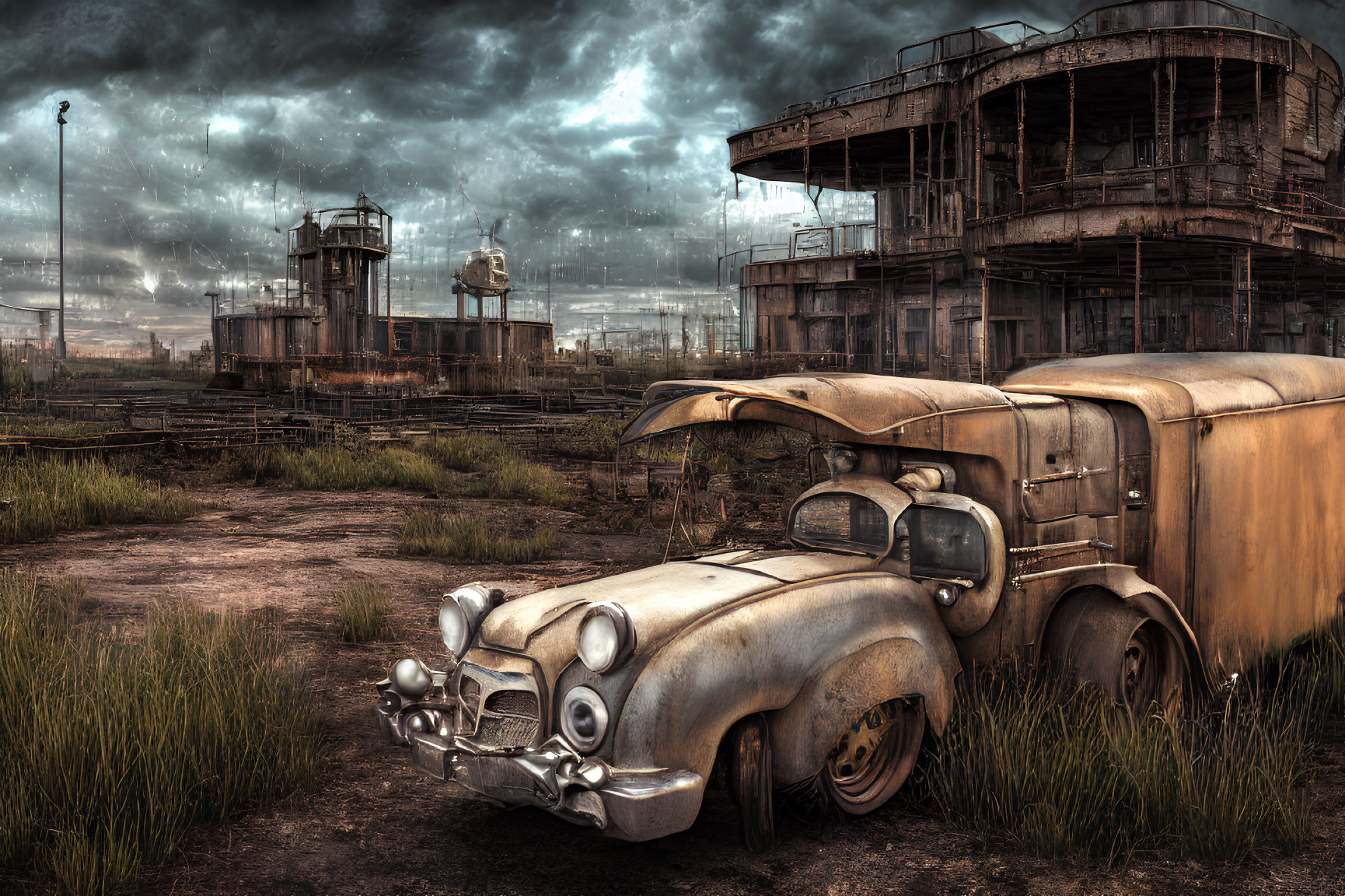 Abandoned vintage car in industrial wasteland under stormy sky