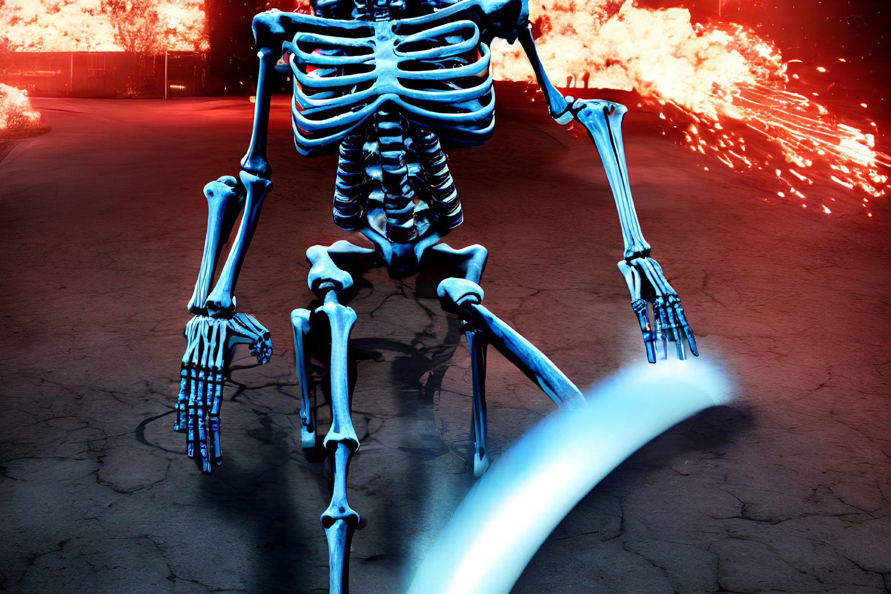 Blue Glowing Skeleton Surrounded by Explosions and Fire at Night