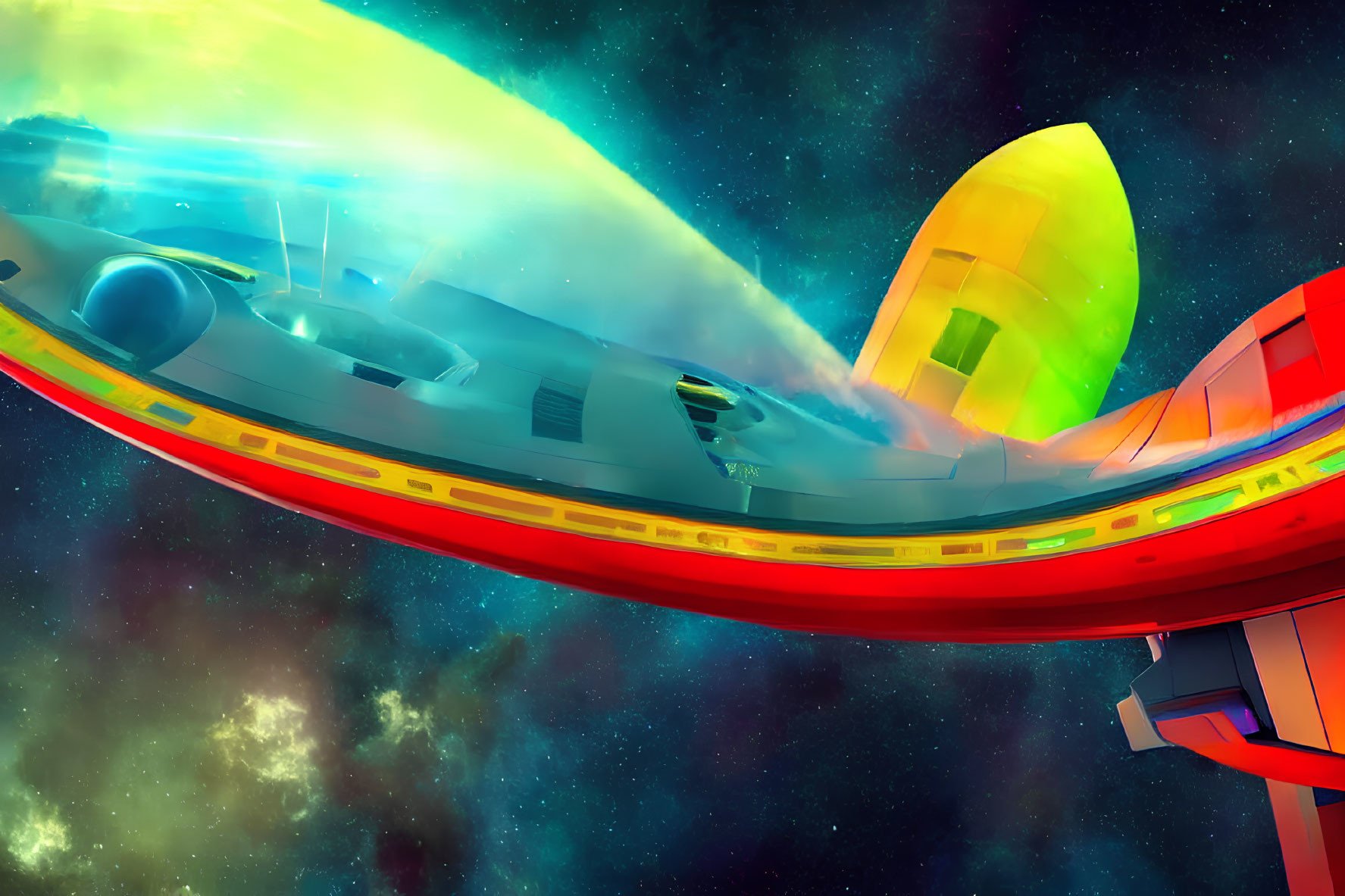 Futuristic spaceship in colorful nebula artwork