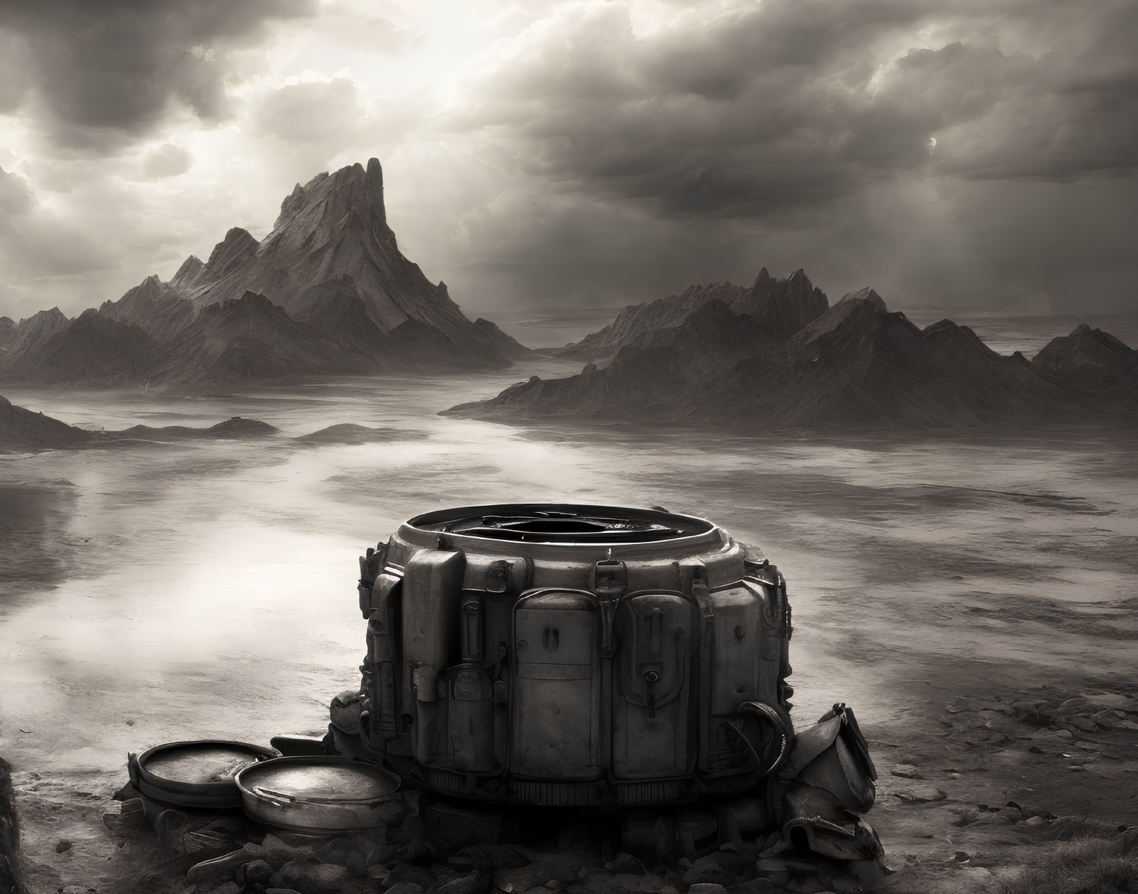 Monochrome landscape with jagged mountains and futuristic structure