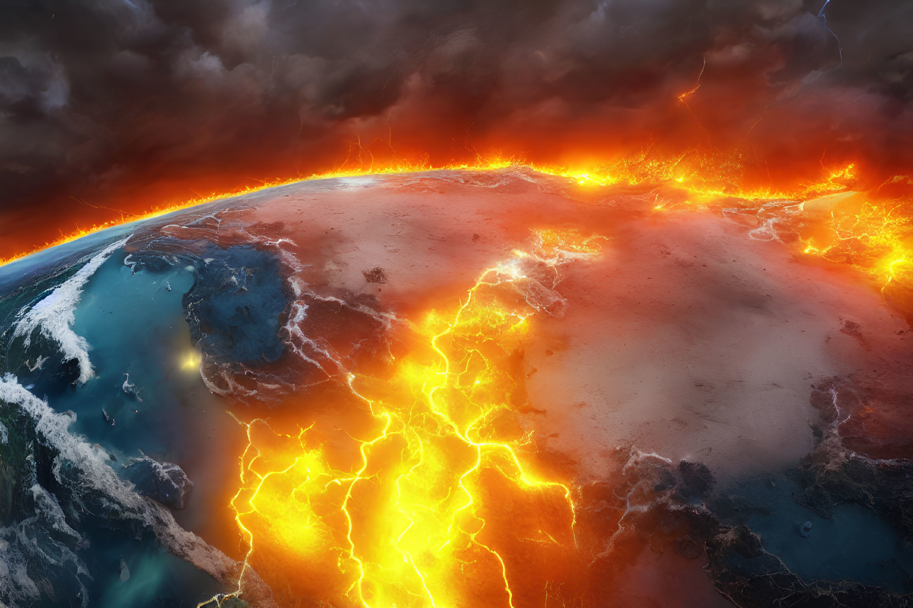 Half of Earth engulfed in fiery cracks, other half under stormy sky