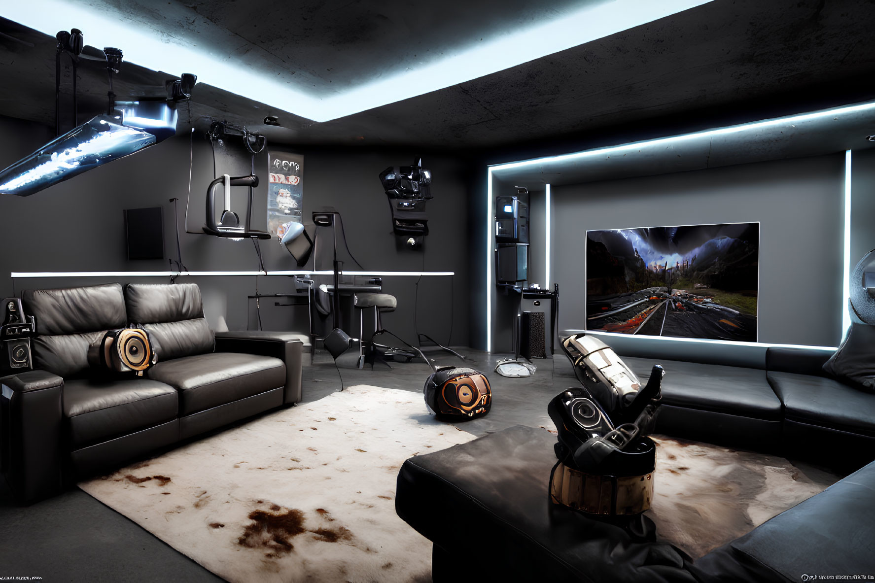Sleek modern gaming room with dark tones and advanced equipment