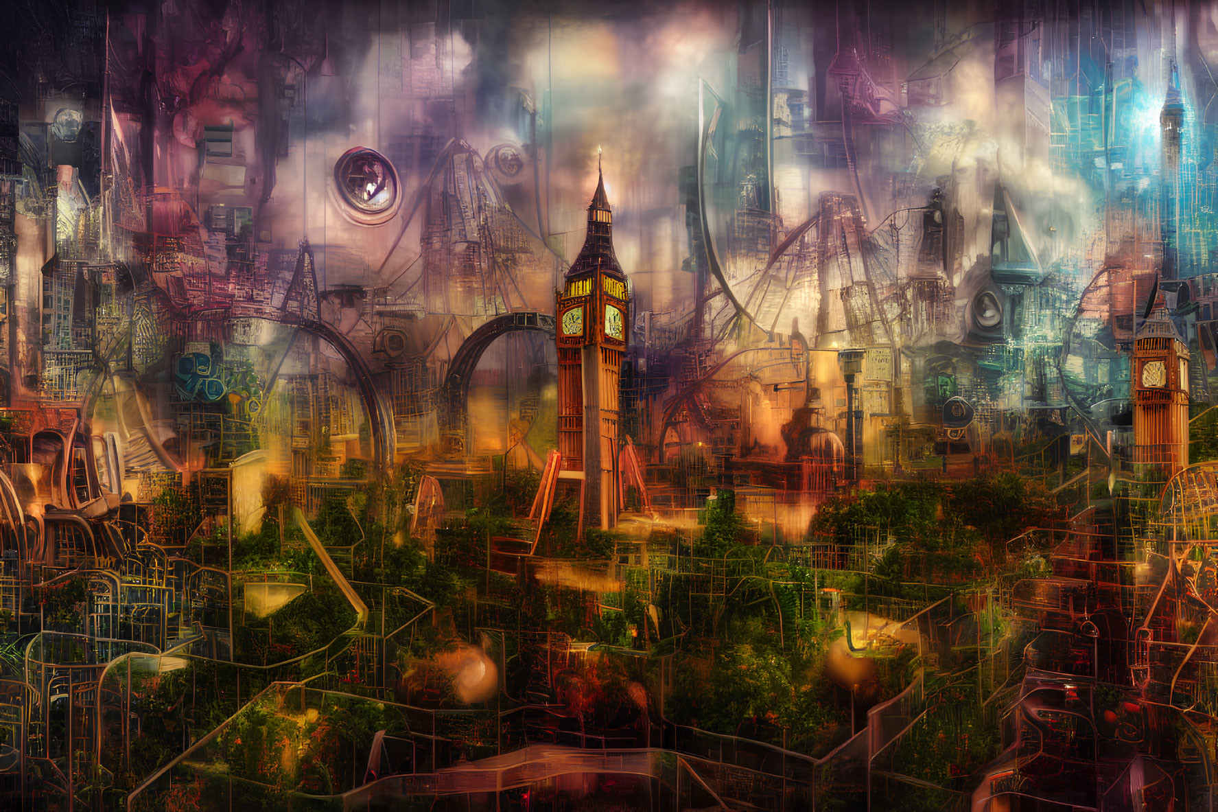 Colorful Surreal London Landmarks Collage with Abstract and Mechanical Elements