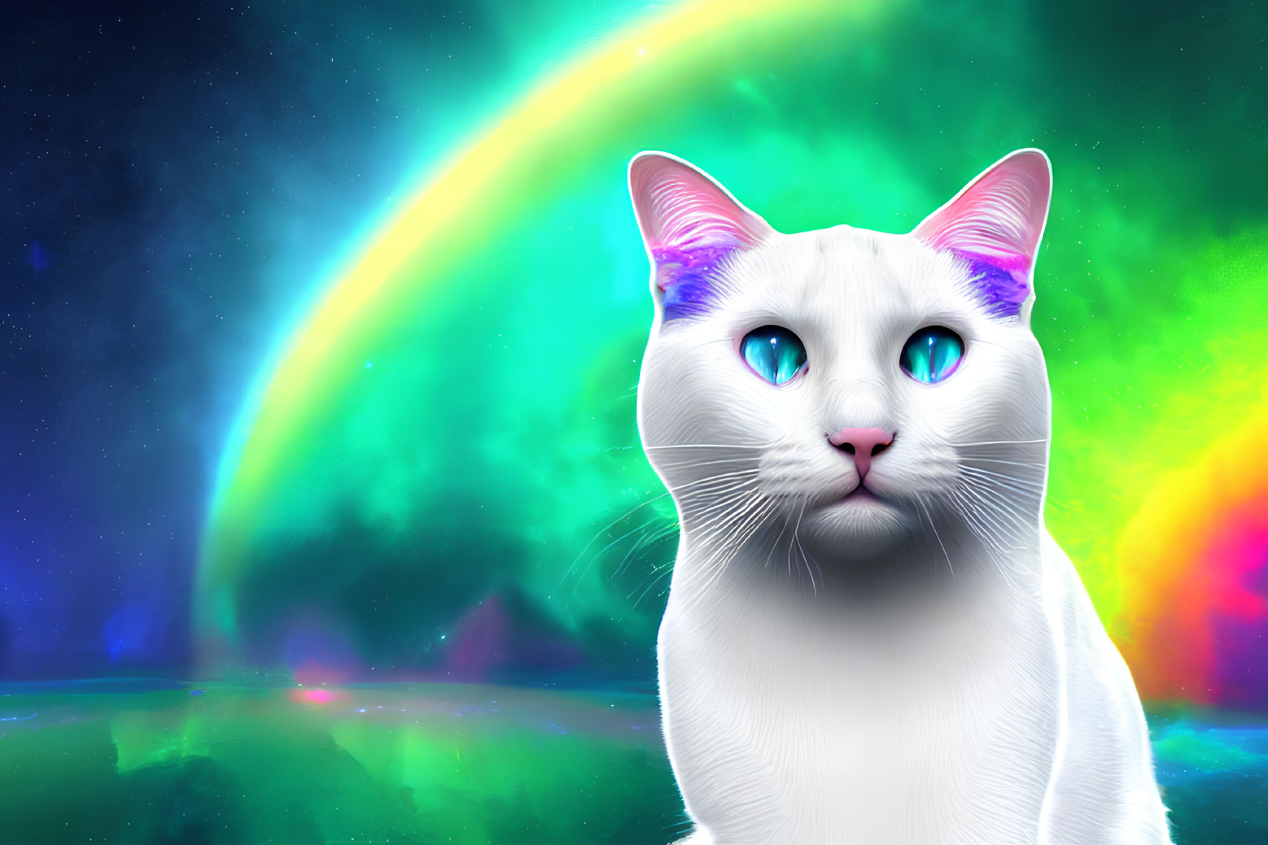 White Cat with Blue Eyes on Aurora Borealis Background