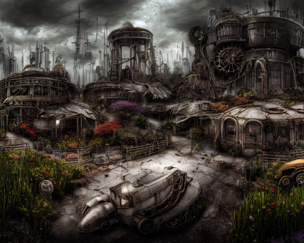 Derelict Dystopian Cityscape with Overgrown Flora and Old Vehicles