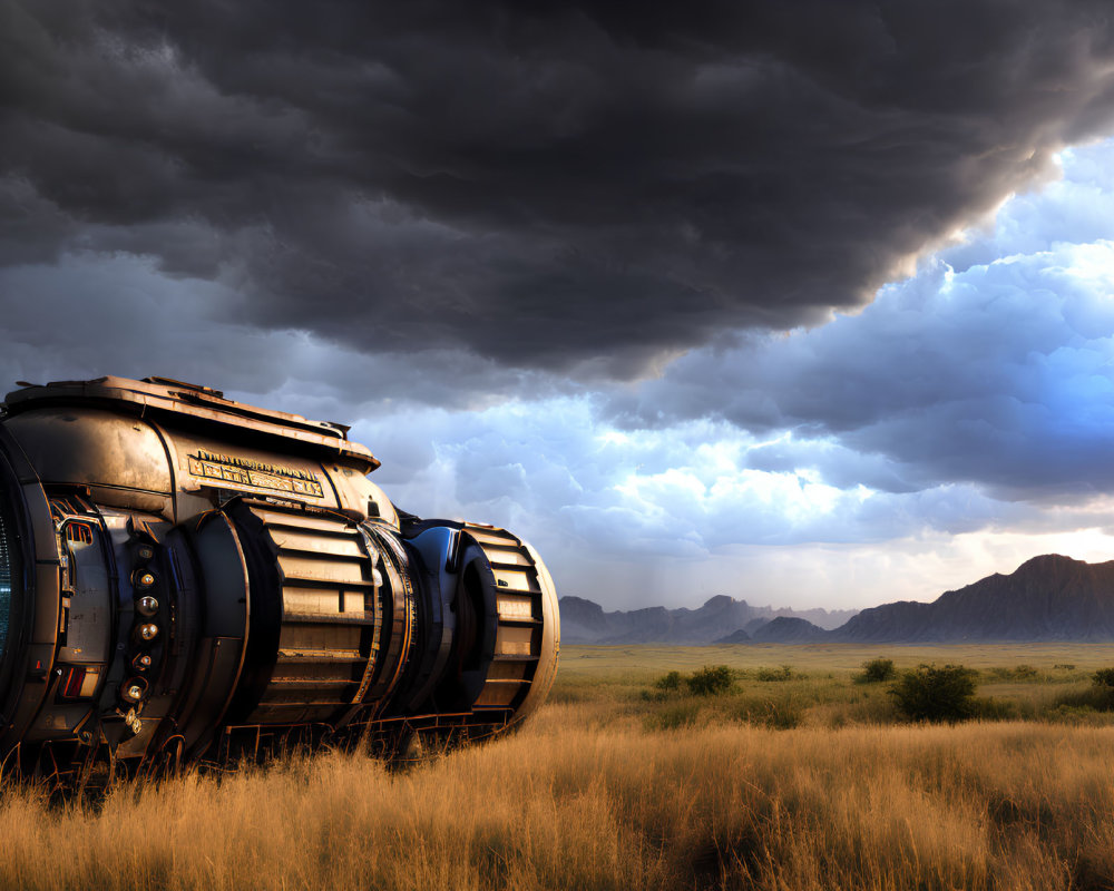 Futuristic train with cylindrical carriages under stormy sky on grassy plain
