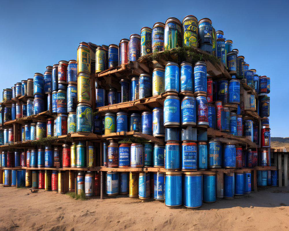 Colorful oil drums stacked in pyramid shape on sandy ground