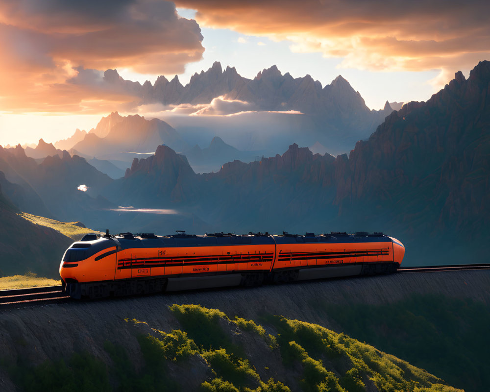 High-speed orange train in mountainous landscape at sunset