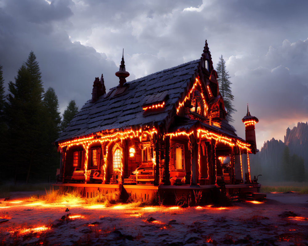 Cozy wooden cabin in forest with glowing lights at dusk