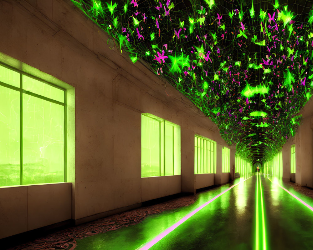 Futuristic corridor with glowing green windows and patterned carpet