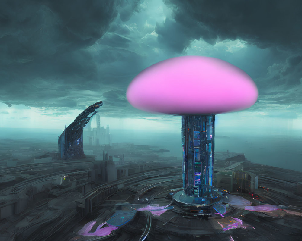 Futuristic cityscape with glowing mushroom structure and neon-lit skyscrapers