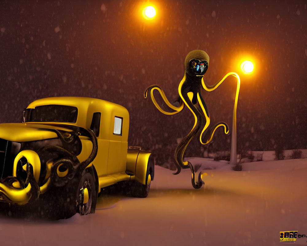 Yellow Vintage Truck and Octopus Creature Under Streetlight in Snow