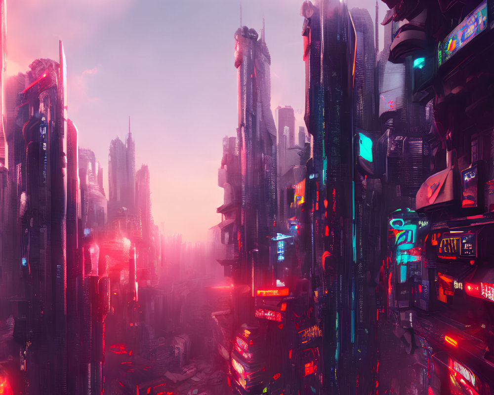 Futuristic cityscape with neon signs and skyscrapers at dusk
