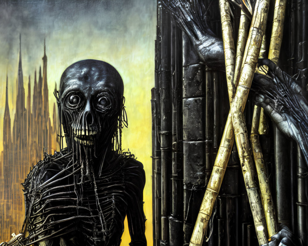 Eerie skeleton art with skull and spires in gloomy setting