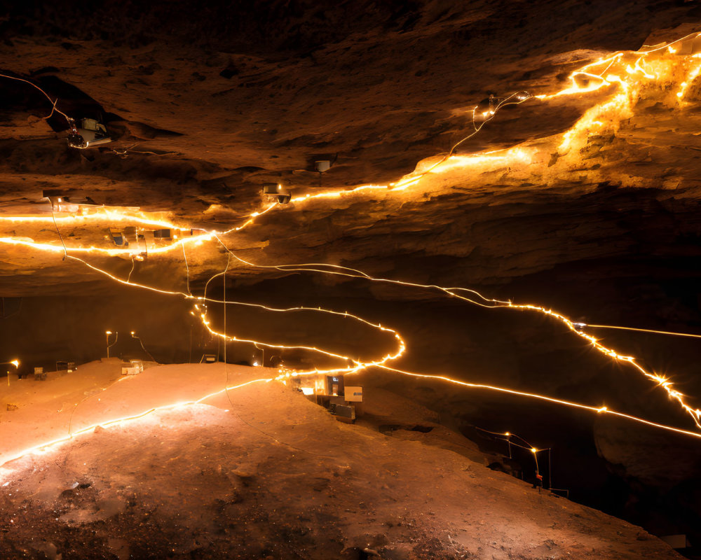 Illuminated Curving Path in Dark Cavern with Bright Lights
