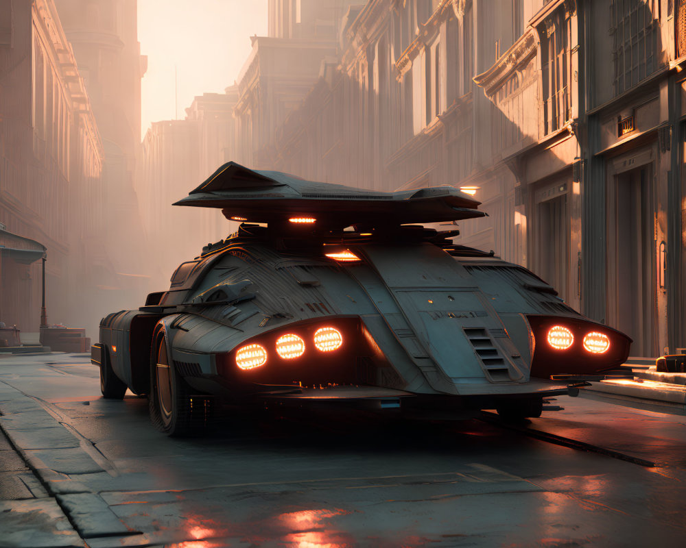 Futuristic vehicle with glowing lights on misty urban street surrounded by tall buildings at sunset