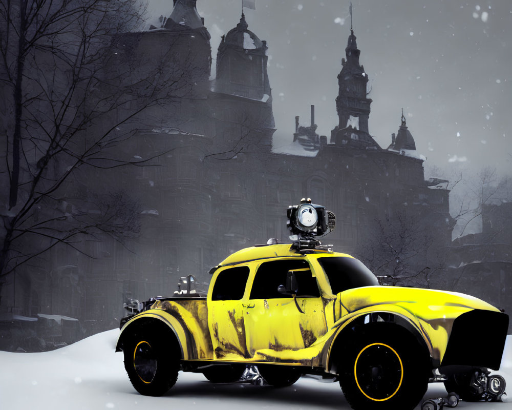 Vintage yellow car with searchlight on snowy street with gothic-style buildings.
