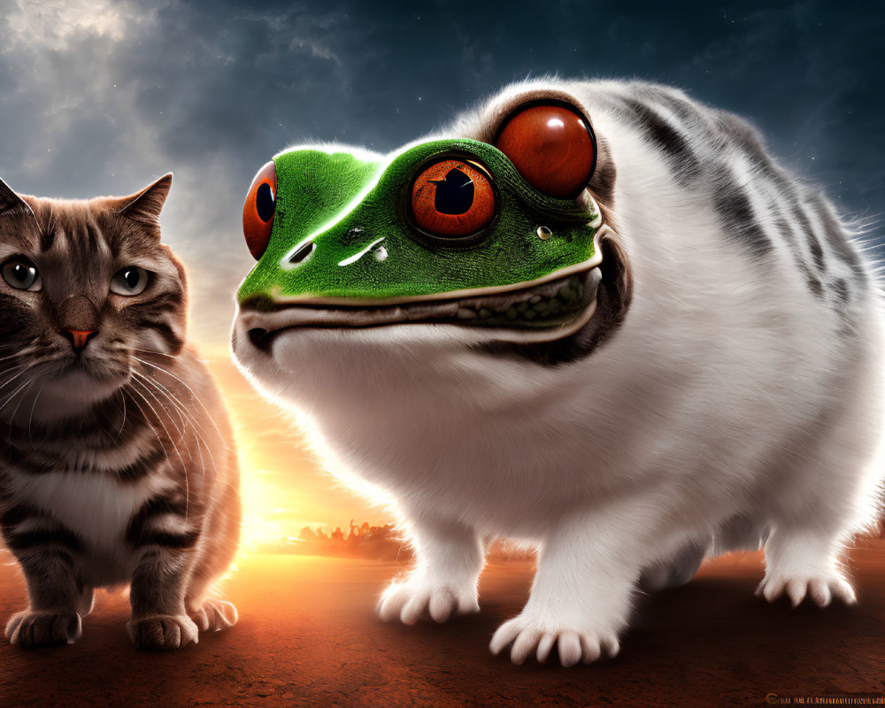 Whimsical digital artwork of cat with frog head in dramatic sunset sky