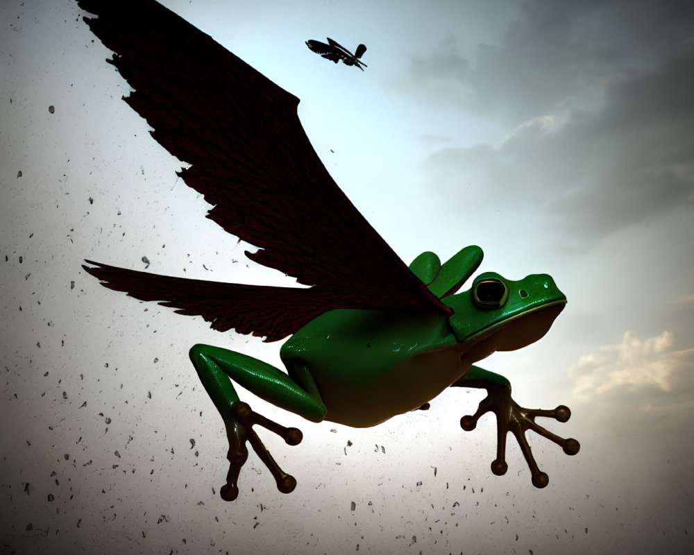 Giant green frog with wings flying in cloudy sky with airplane