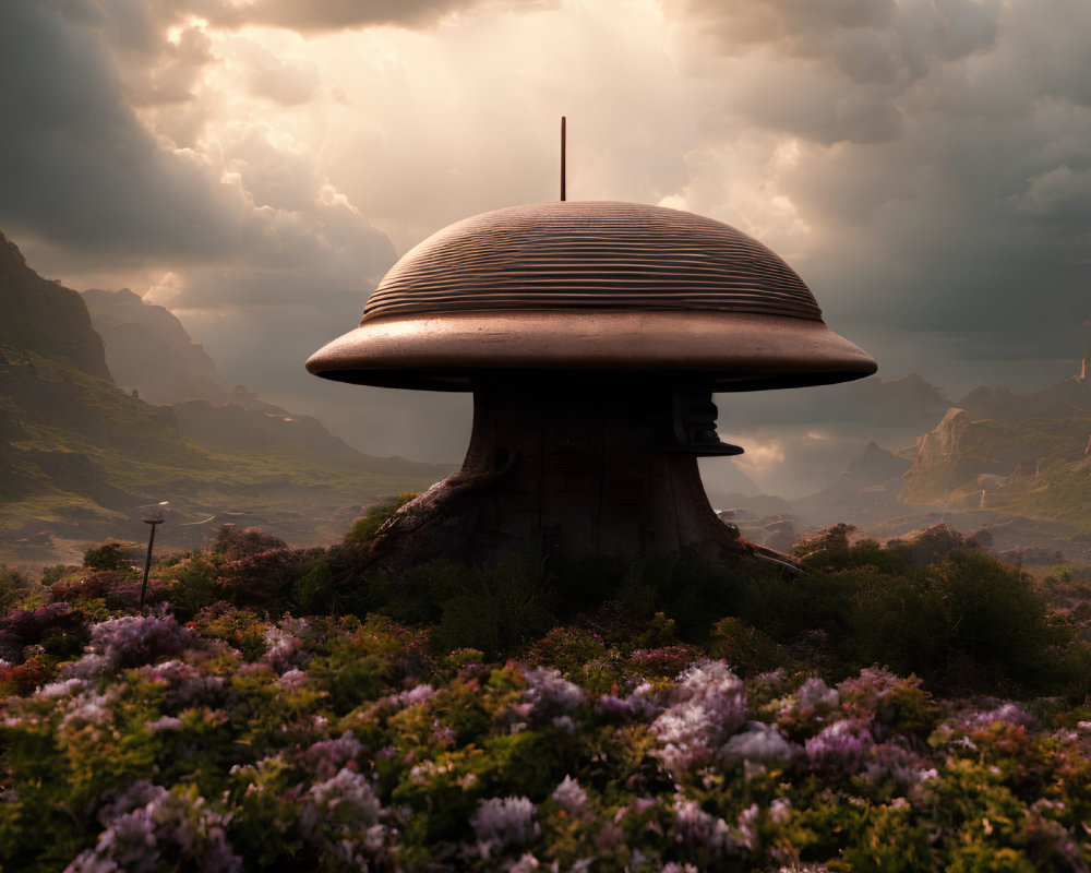 Futuristic mushroom-shaped building in lush purple-flowered landscape