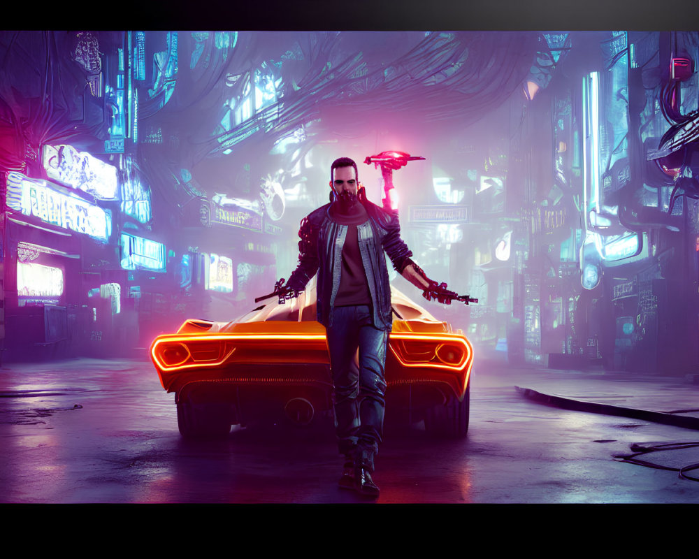Man in neon-lit cyberpunk city with hovering orange car, holding guns.