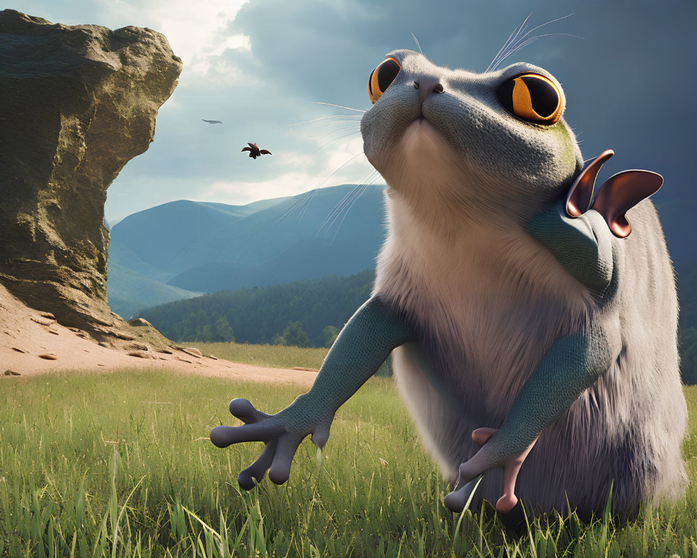 Blue-furred animated creature gazes at flying insect in grassy field