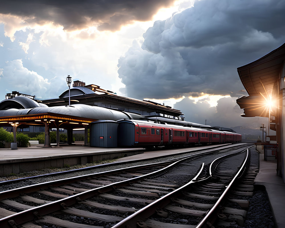 Sunset train station with red trains, dramatic clouds, and railway tracks
