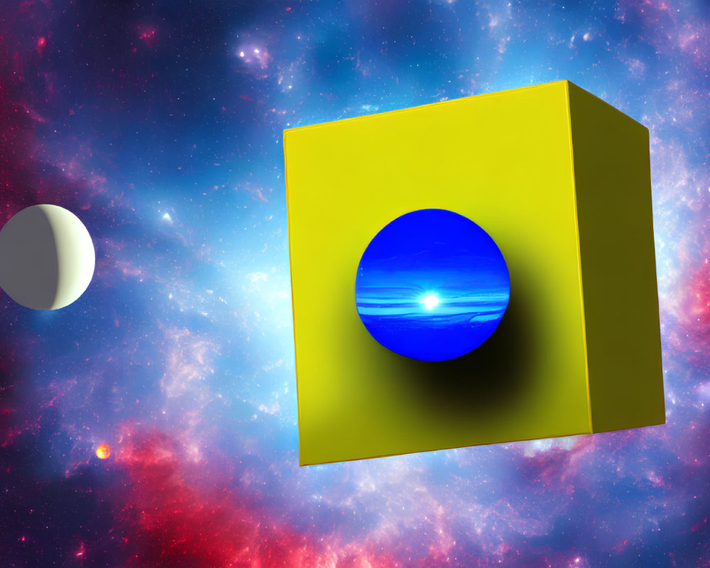 Yellow Cube with Blue Hole in Multicolored Space Scene