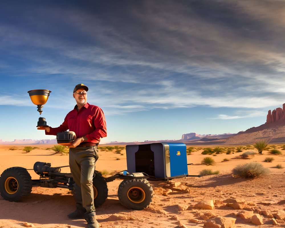 Man smiling in desert with trophy and blue cooler on off-road cart