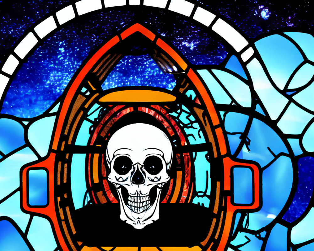Skull-themed stained glass window design in vibrant colors on starry blue background