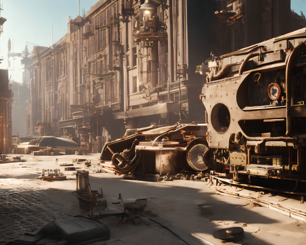 Deserted City Street with Futuristic Machinery in Post-Apocalyptic Setting