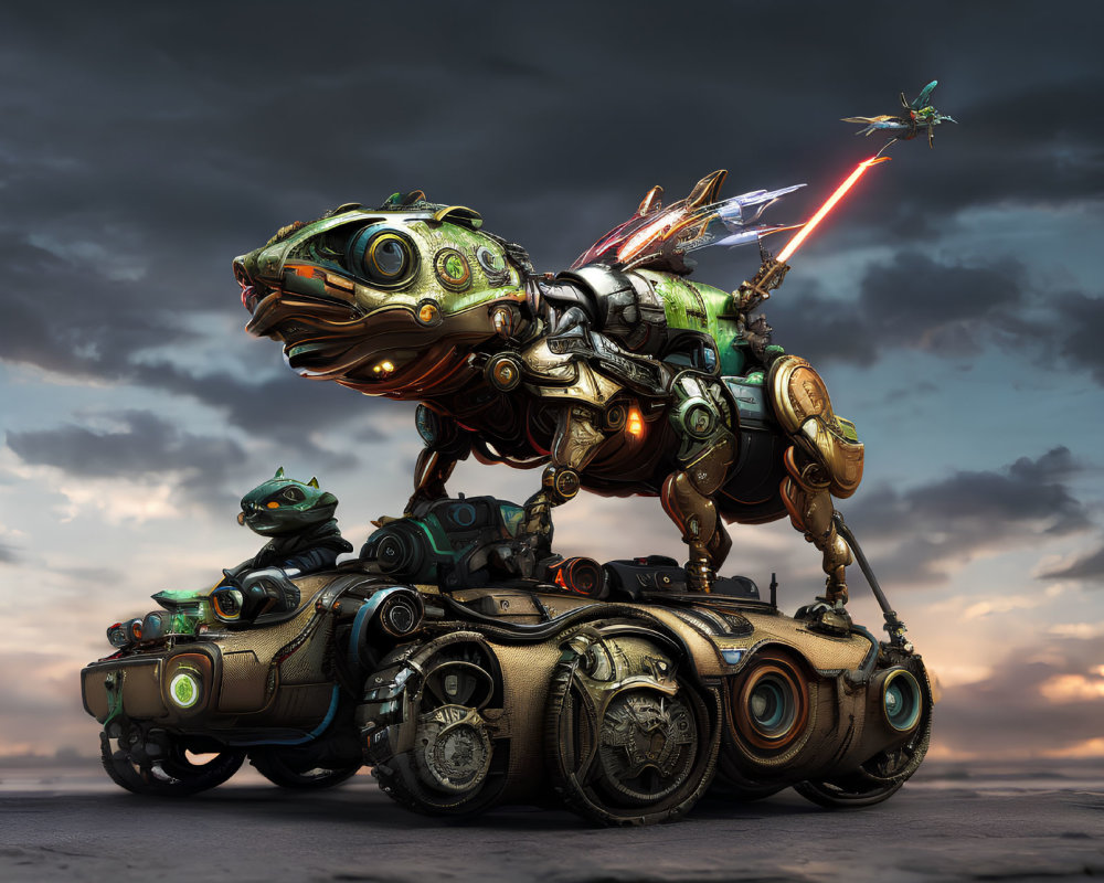 Mechanical frogs in futuristic battle gear on tracked vehicle under dramatic sky