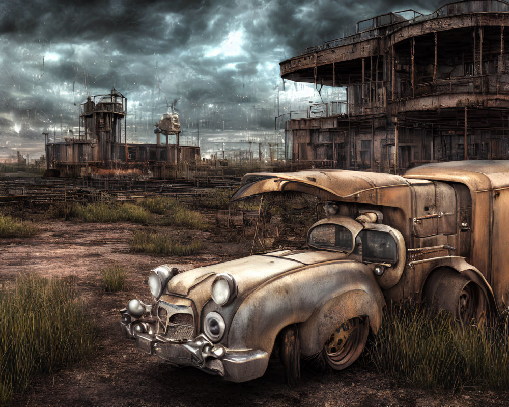 Abandoned vintage car in industrial wasteland under stormy sky