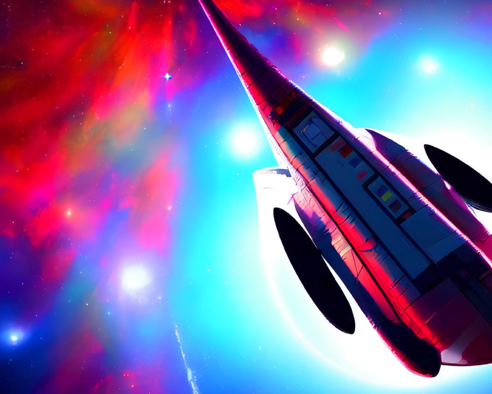 Colorful Spaceship Soaring Through Cosmic Nebula