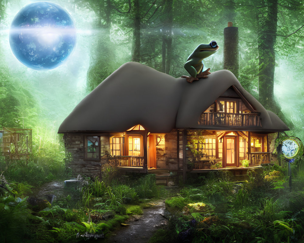 Illustration of cozy cottage in enchanted forest with frog and fantasy planet.
