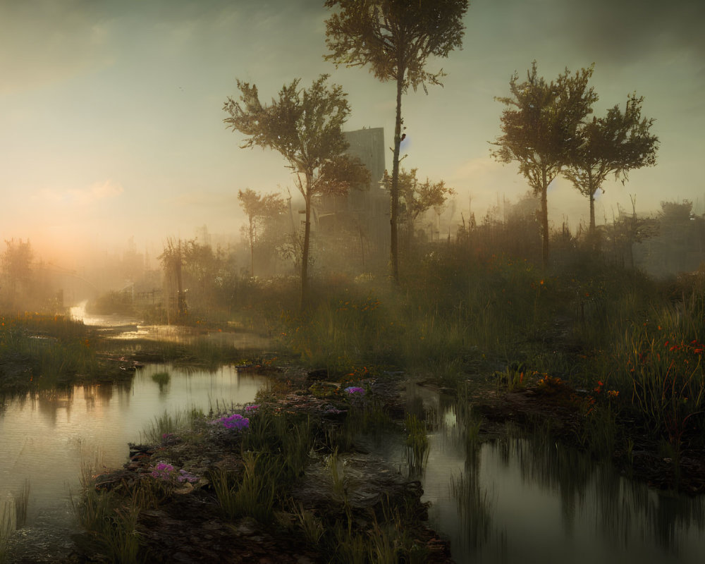 Tranquil sunrise over marshland with trees, wildflowers, water reflections, and foggy ruins